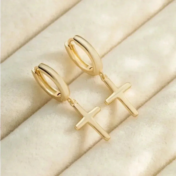 Gold Plated Hoops with Cross Drop Charm - NEW - Picture 1 of 3